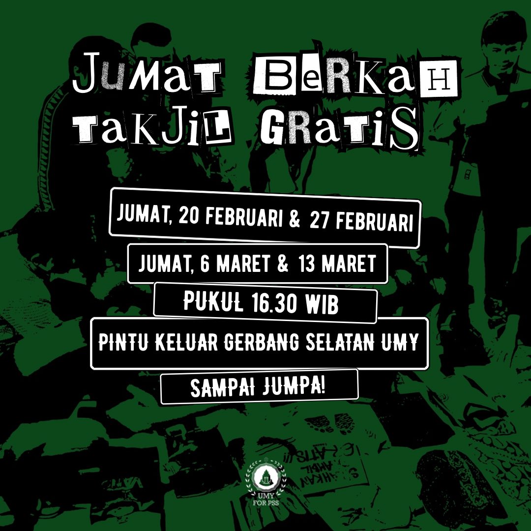 Halo, teman-teman!
Pada bulan yang penuh berkah ini, kami turut berbagi sedikit rezeki dengan membagikan takjil gratis setiap hari Jumat selama bulan Ramadan yang bertempat di Gerbang Selatan UMY.

Sedikit dari kami, semoga berarti untuk semua. 🙌🏻