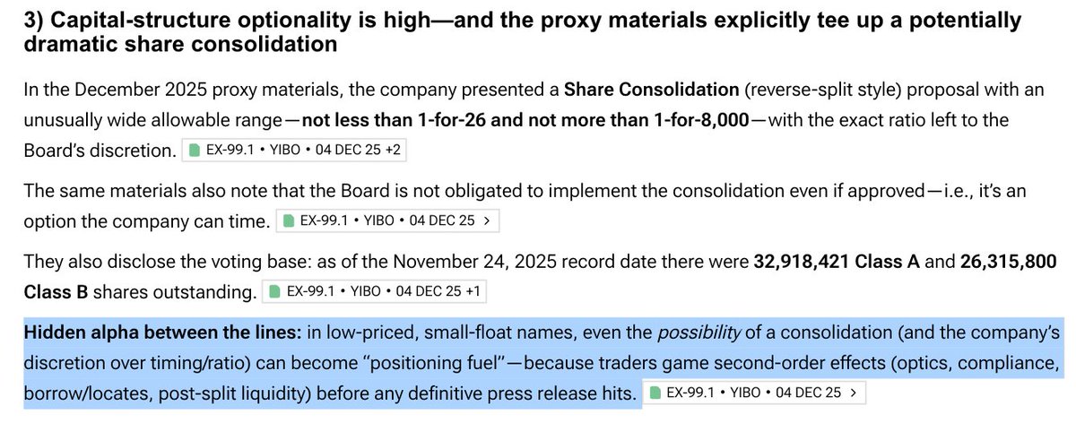 Alphanalyst's tweet image. $YIBO: Premarket surged 30-43% on 5M+ volume with no news, echoing warned “extreme volatility” from a micro float under 60M shares. 

Dual-class voting enhanced to 30 votes per Class B, consolidating control premium quietly. Proxy filed a massive share consolidation option - from