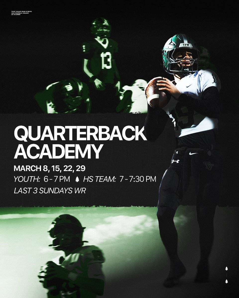 Twinvalleyfball's tweet photo. If you want to play QB… prove it.

Annual QB Academy
📅 March 8 | 15 | 22 | 29
⏰ 6–7 PM (HS 7–7:30 PM)
📍 TVHS Gym
💰 FREE

High School staff teaching fundamentals, leadership, and the mindset required to command the field.

WRs — you’re up the last 3 sessions. https://t.co/on7Dap9Nlm