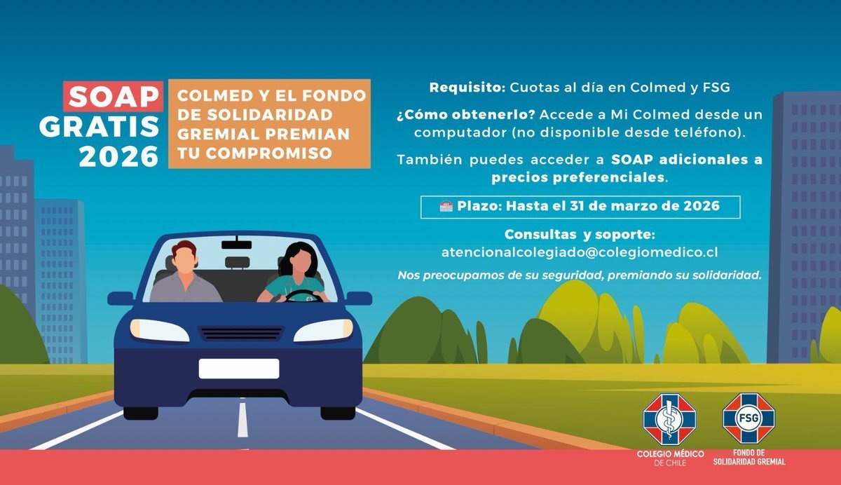 Tu compromiso tiene premio.
Si tienes tus cuotas al día, el Colegio Médico de Chile y el Fondo de Solidaridad Gremial te regalan el SOAP 2026 para tu automóvil 🚗
📌Solicítalo en Mi Colmed (desde computador)
📅 Disponible hasta el 31 de marzo de 2026