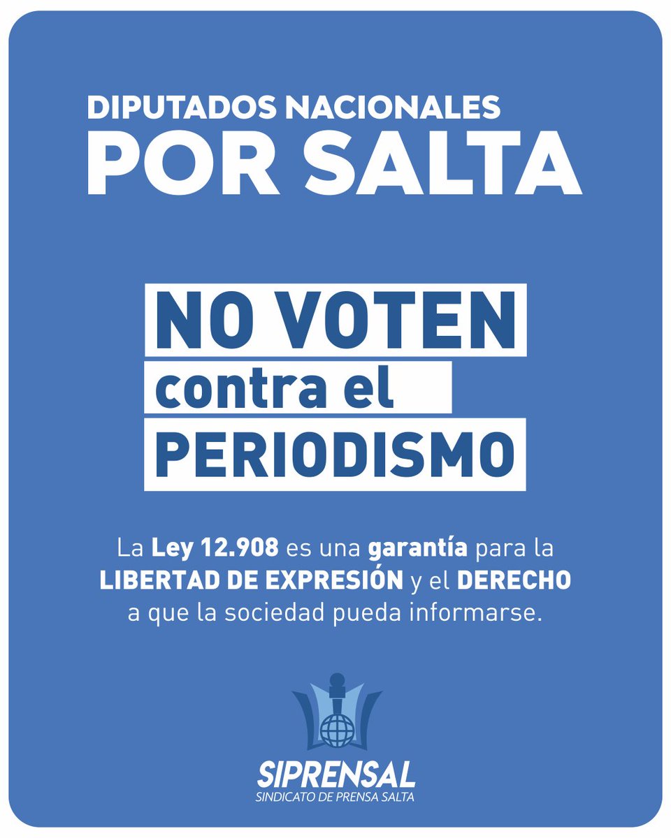 Diputados por Salta: Les pedimos compromiso con la VERDAD y el trabajo federal. Derogar la Ley 12.908 (Estatuto del Periodista) es precarizar la voz de nuestra provincia. 📉
Voten a favor de los trabajadores, no en contra del periodismo. 🎙️📍
#Siprensal #EstatutoDelPeriodista