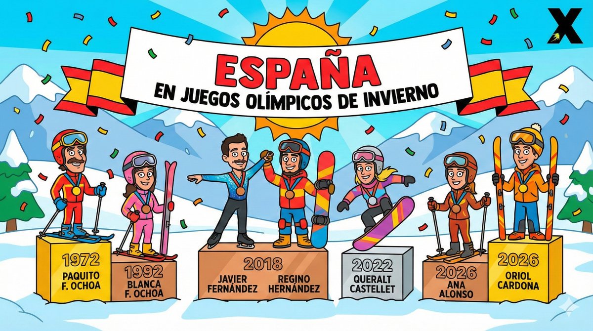 🇪🇸 España en Juegos Olímpicos de Invierno

𝟭𝟵𝟳𝟮 🥇Paquito Fernández Ochoa
𝟭𝟵𝟵𝟮 🥉Blanca Fernández Ochoa
𝟮𝟬𝟭𝟴 🥉Javier Fernández
𝟮𝟬𝟭𝟴 🥉Regino Hernández
𝟮𝟬𝟮𝟮 🥈Queralt Castellet
𝟮𝟬𝟮𝟲 🥉Ana Alonso
𝟮𝟬𝟮𝟲 🥇Oriol Cardona