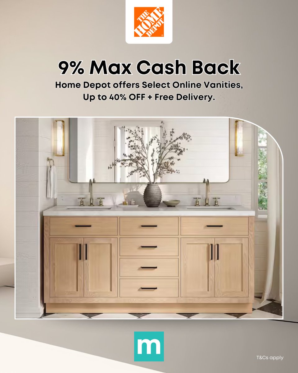 Max_Rebates's tweet photo. 🚿✨ The Home Depot offers Select Online Vanities at Up to 40% OFF + Free Delivery—plus earn 9% Max Cash Back with #MaxRebates 💰

Shop smart and save more today: https://t.co/1QR24VNYA8 

#homedepot #vanityarea #bathroominspo #homesavings https://t.co/oRPqfxqKIQ