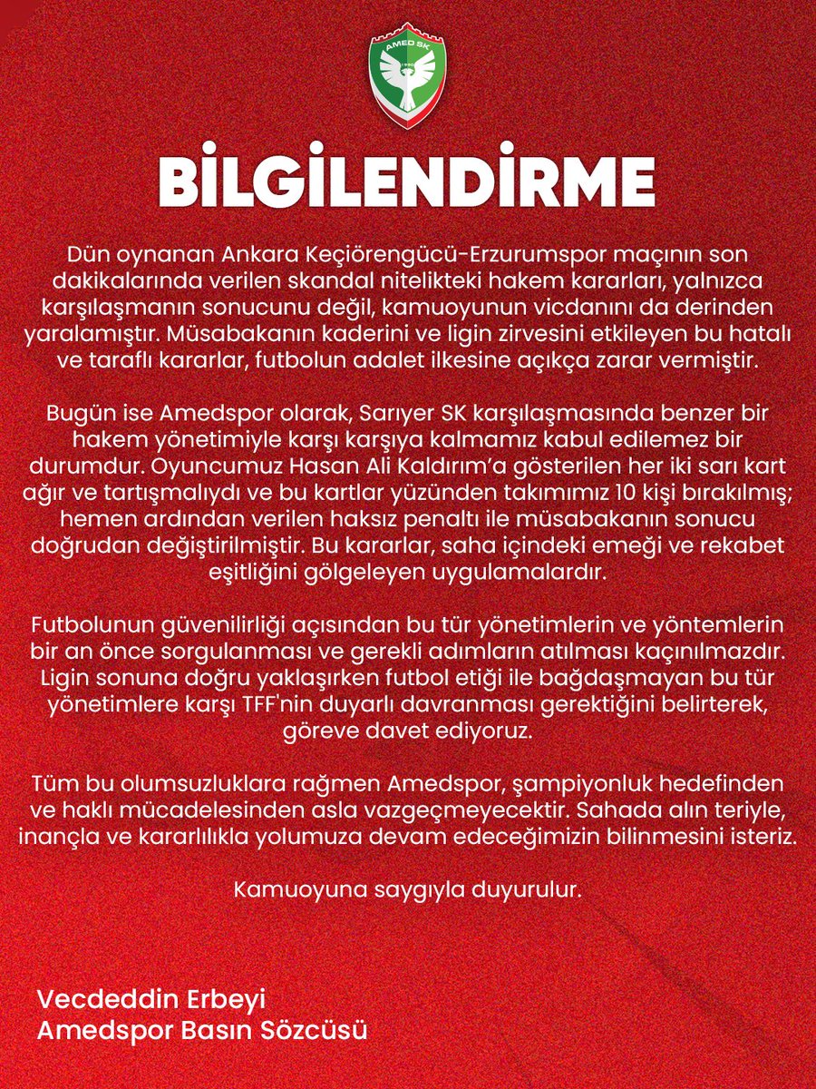Dün oynanan Ankara Keçiörengücü-Erzurumspor maçının son dakikalarında verilen skandal nitelikteki hakem kararları, yalnızca karşılaşmanın sonucunu değil, kamuoyunun vicdanını da derinden yaralamıştır. Müsabakanın kaderini ve ligin zirvesini etkileyen bu hatalı ve taraflı