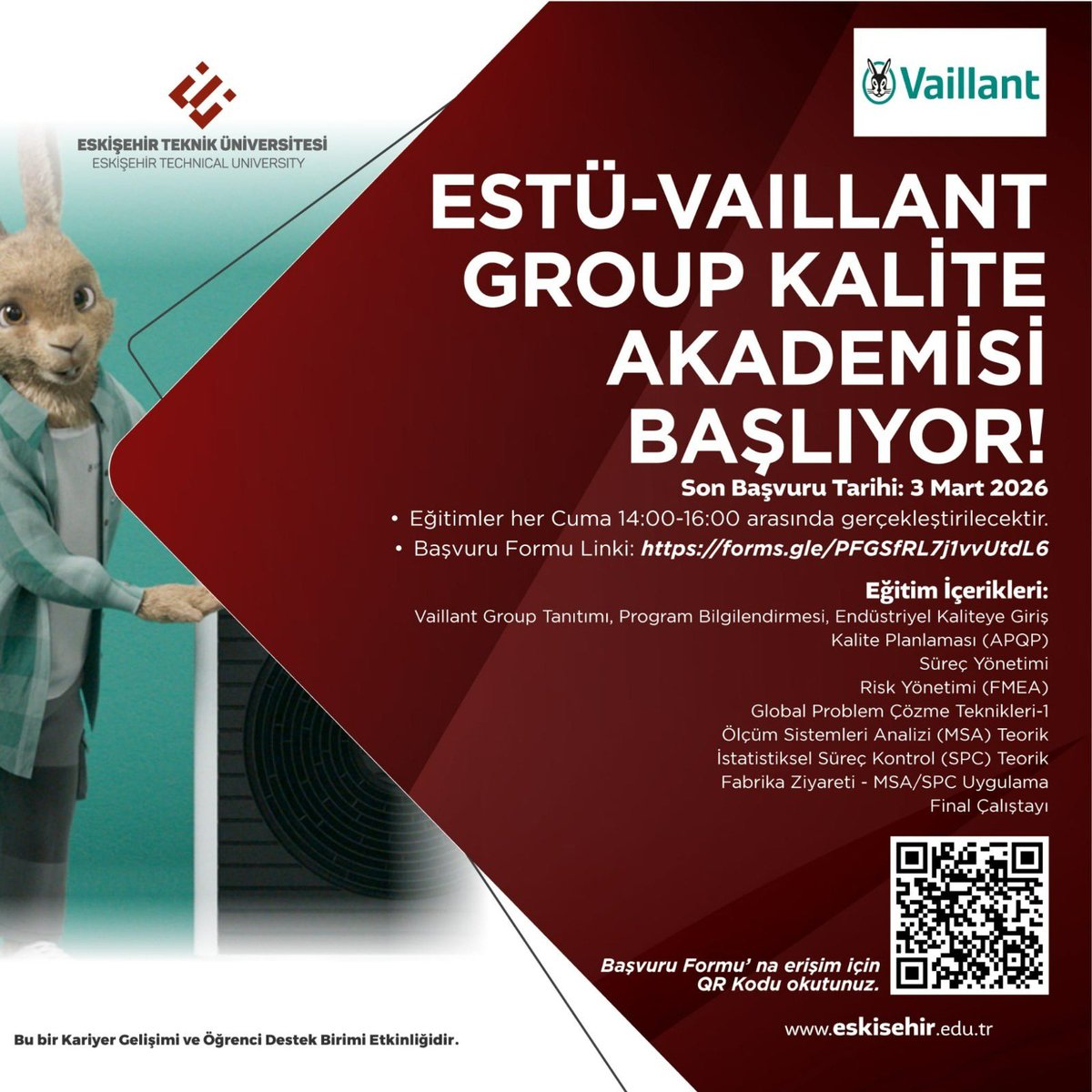 ESTÜ–Vaillant Group Kalite Akademisi başlıyor! 🎯  

Kalite yönetimi, problem çözme teknikleri ve fabrika ziyareti içeren bu kapsamlı programa başvurular açıldı.  

📅 Her Cuma 14.00–16.00  
🗓 Son başvuru: 3 Mart 2026  

#estü #eskişehirtekniküniversitesi #innovationforthefuture