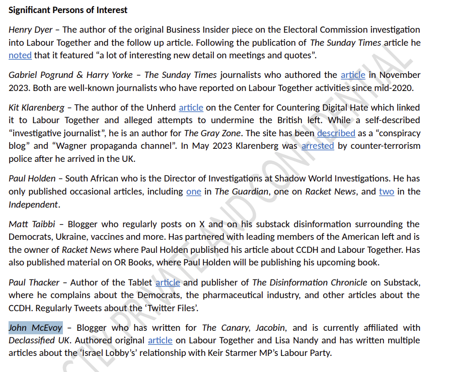 jmcevoy_2's tweet photo. I have now seen the dodgy dossier produced by APCO for Labour Together.

It shows how I was investigated as a "significant person of interest" for producing factual reporting on Morgan McSweeney's dirty tricks and the Labour party's links to the Israel lobby. https://t.co/h02TRHvZL3