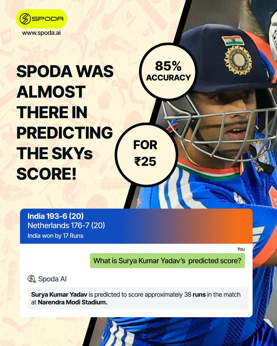 SPODA_AI's tweet photo. predictions from #INDvsNED that spoda nailed:
India winning? Called it
SKY's score projection? Almost
#T20WorldCup #sikandarraza #ZIMvSL #ICCMensT20WorldCup2026 #SportsBettingX #sportsbettingpicks https://t.co/jOYM4e13CS