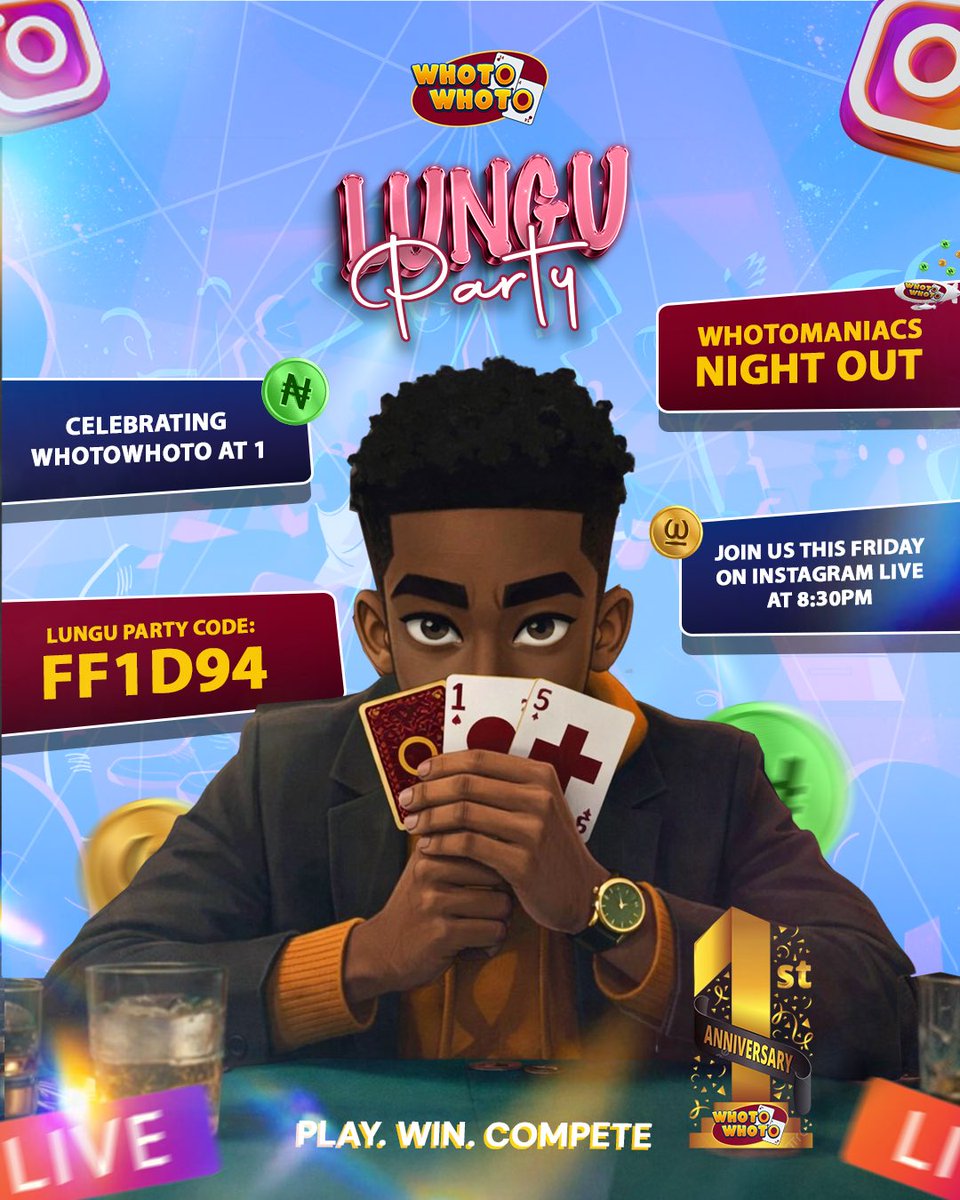 Your favorite online gaming platform is turning 1 tomorrow! 

Turn up with us on IG Live tomorrow at 8:30pm. We will also be having a lungu party so save your coins and come ready to have fun and be a WINNER🏆

Party code: FF1D94

We go see tomorrow night. 😝