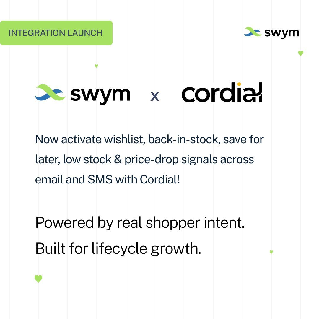 We’ve launched our integration with Cordial!

Swym captures the high-intent shopper signals and cordial helps you activate those signals across email and SMS in real time!
Less batch-and-blast. More intent-led engagement.

Learn more here: buff.ly/r9vzbQX