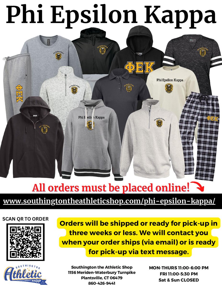 Show your Phi Epsilon Kappa pride! Order official PEK apparel online at phiepsilonkappa.org or scan the QR code. Orders ship or are ready for pick-up in 3 weeks or less! #PhiEpsilonKappa #PEKFraternity #GreekLife #CollegeApparel #CampusStyle #ShopGreek