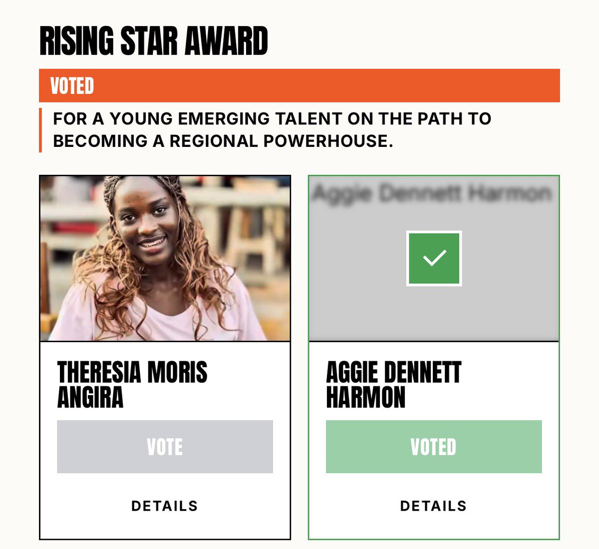 Our Deputy E.D  @aggiedennettharmon has been nominated as an East African Trailblazer under the Rising Star Award and she truly deserves it. Her impact and courage speak for themselves.

Vote through this link vote.eaya.africa look for the Rising Star Award  category