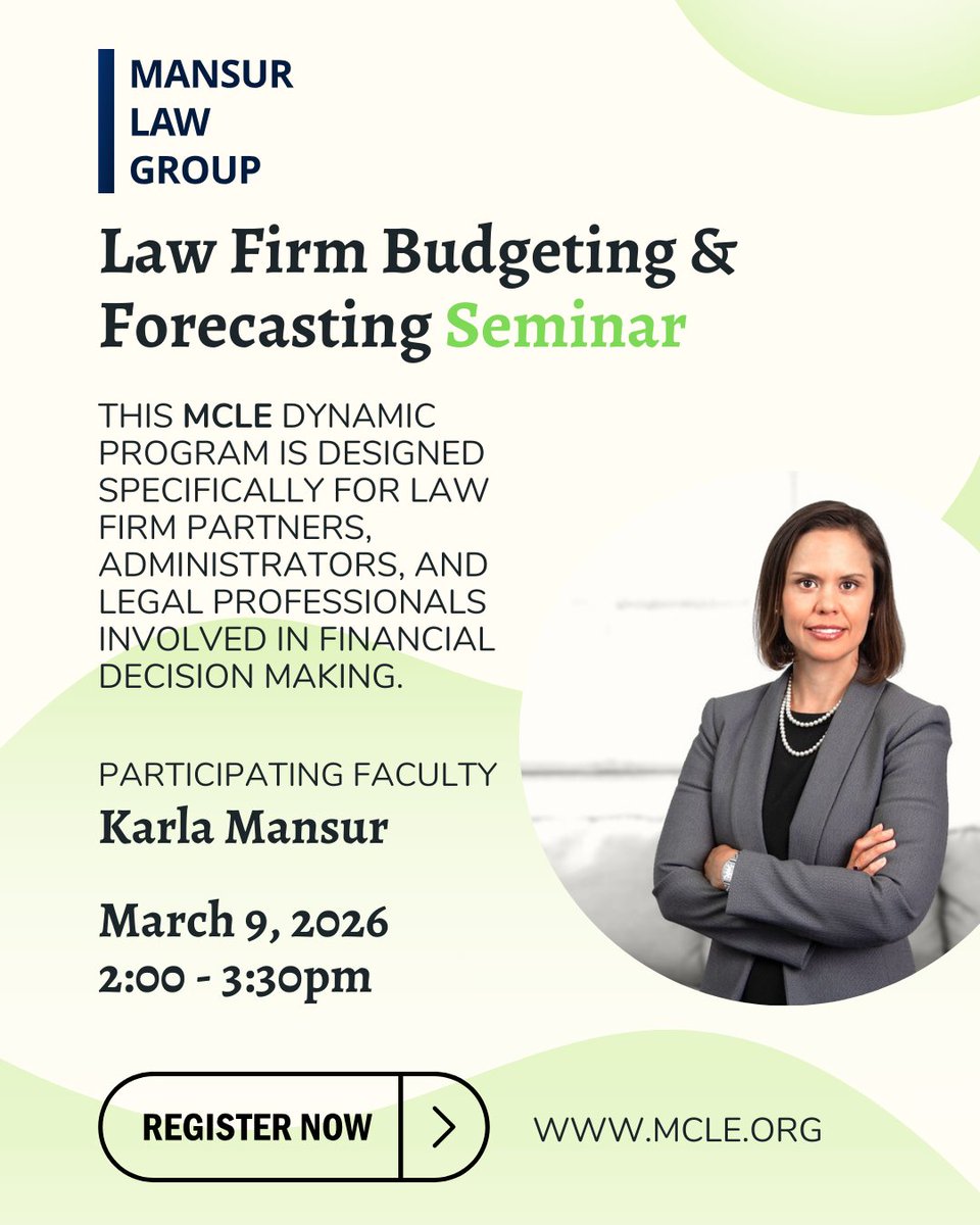 KMlaw2012's tweet image. Proud to share that Karla Mansur will be on faculty for MCLE’s Law Firm Budgeting &amp;amp; Forecasting Seminar seminar on Monday March 9, 2026.

Register here: bit.ly/3ZEVWcQ 

#FamilyLaw #MCLE #Massachusettslaw