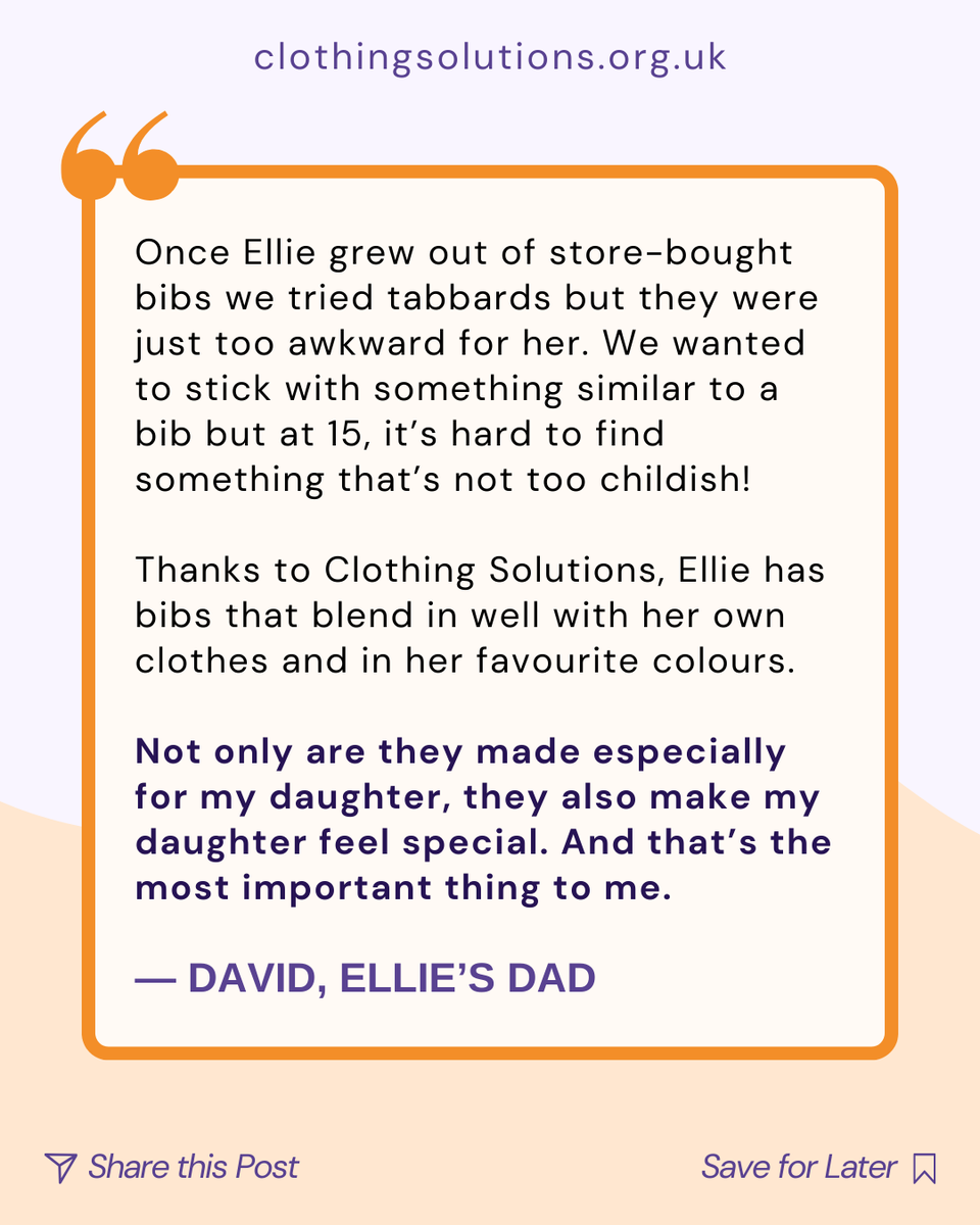 clothingsdp's tweet photo. 💜 Ellie has sialorrhoea, causing excessive drooling. Baby bibs didn’t fit. Waterproof coats were uncomfortable.
So we made bespoke, triple layered bibs shaped for her body — keeping her dry at school and beyond.
That’s why we do this. ✨
#DisabilityInclusion #AdaptiveClothing https://t.co/9XFl5NLqg0