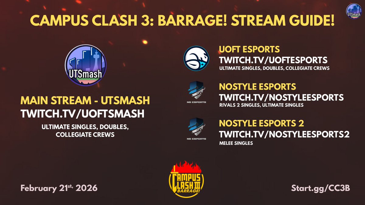 📺Here is the stream guide for Campus Clash 3: BARRAGE! 📺

Watch the action live on Twitch on the following channels 👀

Links to the stream below!