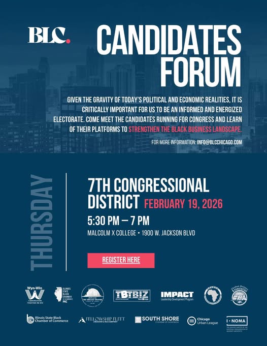 Join in the conversation and hear from the candidates. West side stand up... The Illinois 7th Congressional District Candidates Forum is today, and your voice matters. Register: tinyurl.com/yc8h2wsm. Invite your network and show up for the future of business in our community.