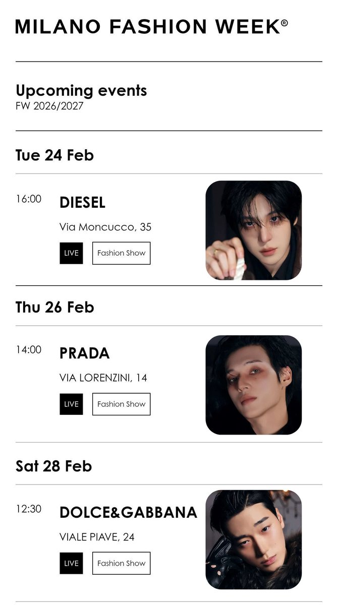[🗓] YUNHO, SAN and WOOYOUNG Schedule for Milan Fashion Week (FW 2026/2027)

• YUNHO — DIESEL (February 24)
• WOOYOUNG — PRADA (February 26)
• SAN — DOLCE&amp;GABBANA (February 28)
.
#ATEEZ #에이티즈 #YUNHO #CHOISAN #WOOYOUNG <a href="/ATEEZofficial/">ATEEZ(에이티즈)</a>