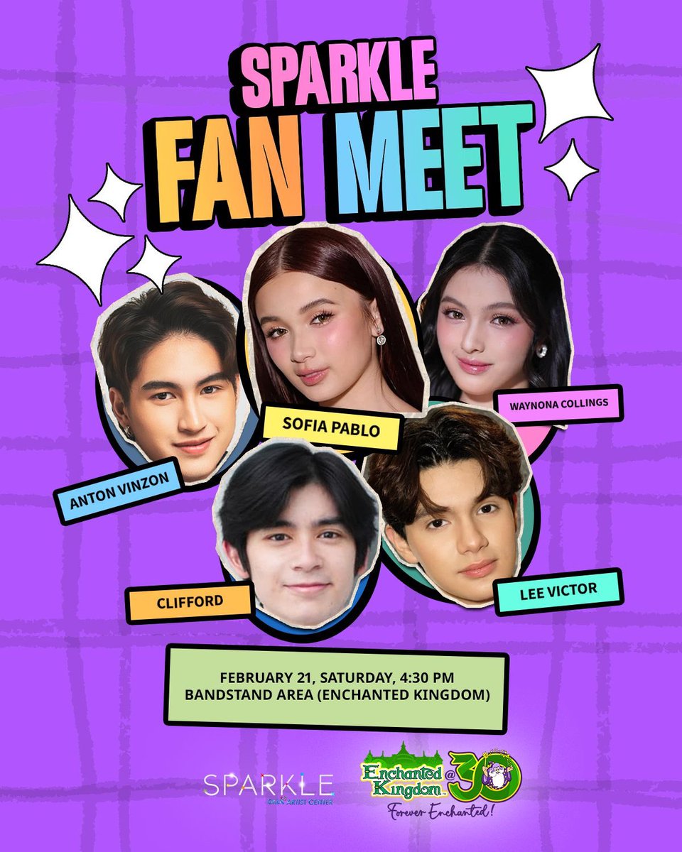 Get ready for a magical weekend! 🎢✨ 

Catch your favorite PBB Celebrity Edition 2.0 Ex-Kapuso Housemates live at Enchanted Kingdom! Join Sofia Pablo, Waynona Collings, Anton Vinzon, Lee Victor, and Clifford for a super fun Sparkle Fan Meet. 💖
