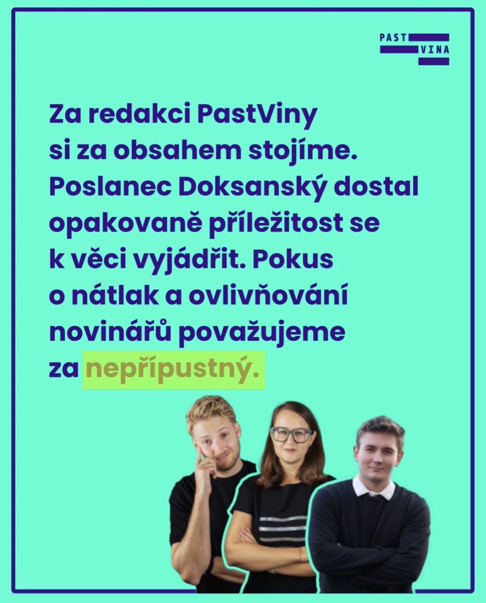 ❗Poslanec Denis Doksanský z ANO se nás snaží zastrašit předžalobní výzvou. Jeho právník tlačí na smazání reportáží, kde rodiče popisují praktiky na škole Sion.

💪 Líbí se vám na rozdíl od pana Doksanského naše práce? Je poslední šance ji podpořit na past-vina.cz/donio. Nás