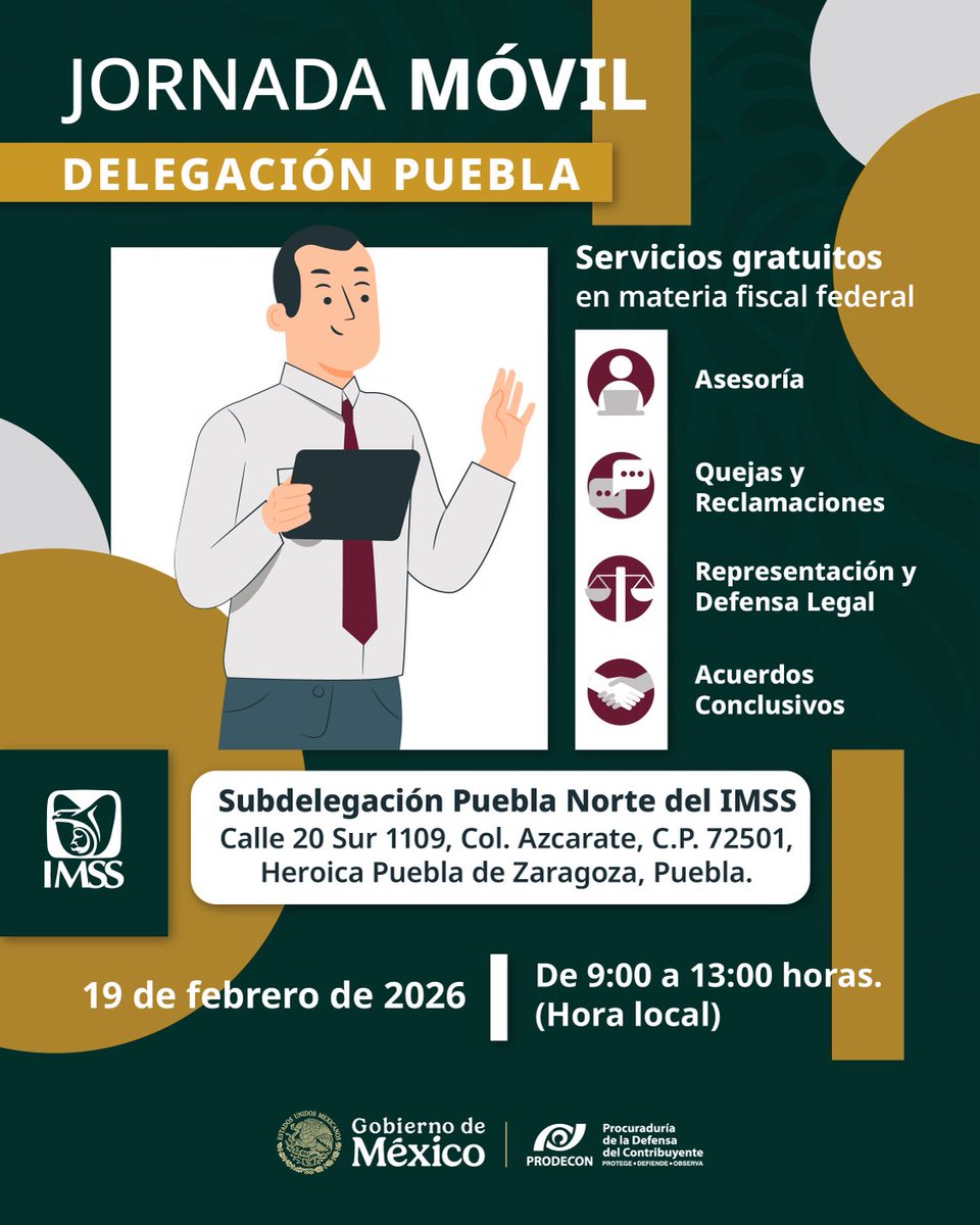 Nos vemos en la #JornadaMovil que implementará el ⁦<a href="/Imss_Pue/">IMSS Puebla</a>⁩ y ⁦<a href="/ProdeconMexico/">PRODECON México</a>⁩ en la #SubdelegaciónPueblaNorte. Recuerda llevar tu identificación oficial, así como tus claves de acceso al portal del #SAT o la efirma.