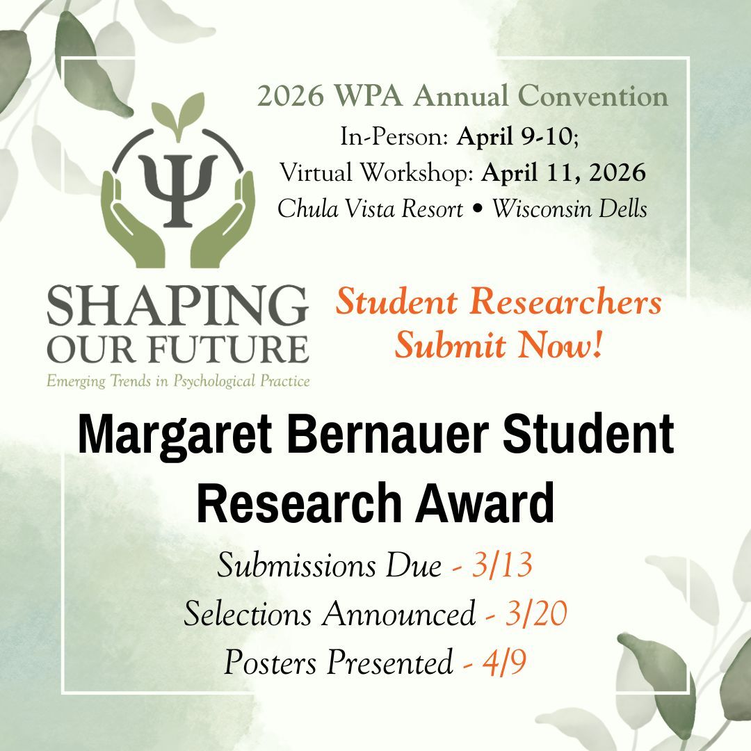 Attention Student Researchers - submit your poster to the Margaret Bernauer Poster Competition on April 9 at Chula Vista during the WPA Annual Conference. Due March 13th - submit today: shorturl.at/LgXIL