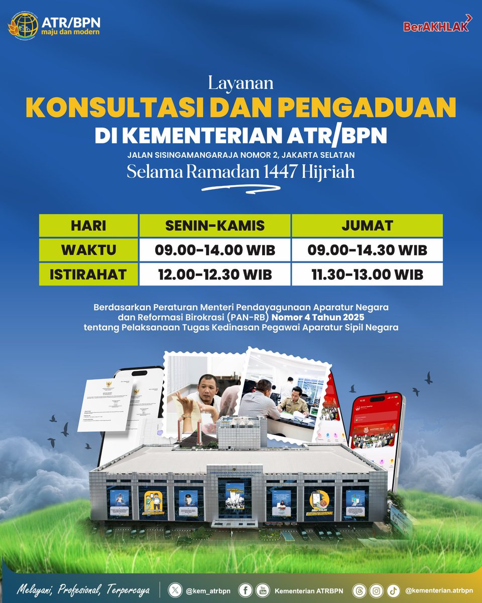 kem_atrbpn's tweet photo. Halo #SobATRBPN, di tengah suasana Ramadan, ATR/BPN siap memberi pelayanan yang tulus. Layanan konsultasi dan pengaduan tetap buka selama Ramadan dengan penyesuaian jam operasional.

Catat waktunya dan datang sesuai jadwal pada infografis berikut ya, Sob☝🏼

#IndonesiaLengkap https://t.co/WhJbJZhMDJ