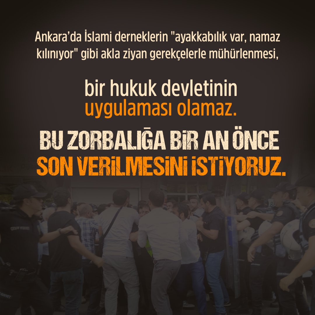 Ankara’da İslami derneklerin "ayakkabılık var, namaz kılınıyor" gibi akla ziyan gerekçelerle mühürlenmesi, bir hukuk devletinin uygulaması olamaz

Bu zorbalığa bir an önce son verilmesini istiyoruz.

#İslamiDerneklereMühür