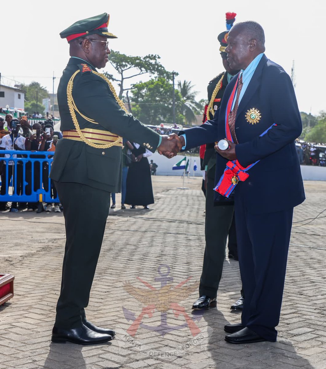 kdfinfo's tweet photo. The President of Sierra Leone, Julius Maada Bio, conferred the prestigious Grand Commander of the Order of the Rokel upon Lieutenant General (Rtd) Daniel Opande during the Sierra Leone Armed Forces Day and Investiture Ceremony held on Wednesday, 18 February 2026. See more: https://t.co/JXWj4gWjOO