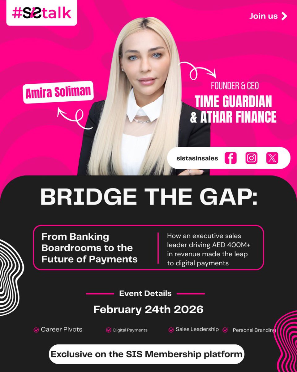 amirasoliman17's tweet photo. From TradFi ➝ DeFi
From Sales ➝ C-Suite ➝ Founder

Sharing my real journey on #SiSTalk 🚀
📅 Feb 24, 2026

Let’s bridge the gap.

#Fintech #Web3 #WomenInTech #Leadership https://t.co/ZzTDNhvaB0
