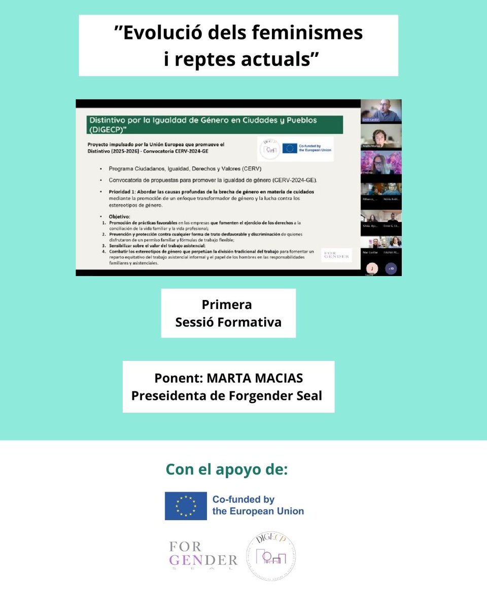 forgender's tweet image. 🟣Més de 22 #ajuntaments i #concellos participen en la  1a sessió formativa del cicle de #formacions “Feminismes, corresponsabilitat i usos del temps” del Projecte #DIGECP que compta amb el suport de la Unió Europea. c @EU_Commission 
➡️forgenderseal.org/primera-sessio… #Igualtat