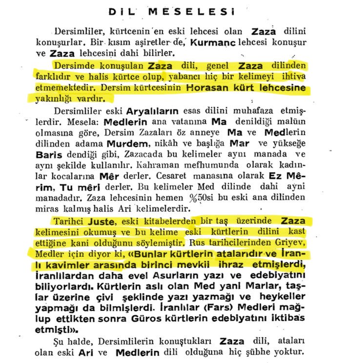 Dersîm’li Baytar Nurî Dersîmî’nin Zazakî hakkında yazdığı yazı. Kitap: Kürdistan Tarihinde Dersim