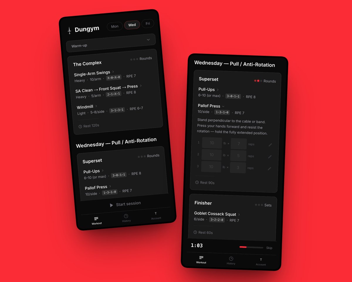 Making personal software is so fun. I can obsess over the details as I wish. It's such a great creative outlet.

My custom workout program and tracking app, Dungym.