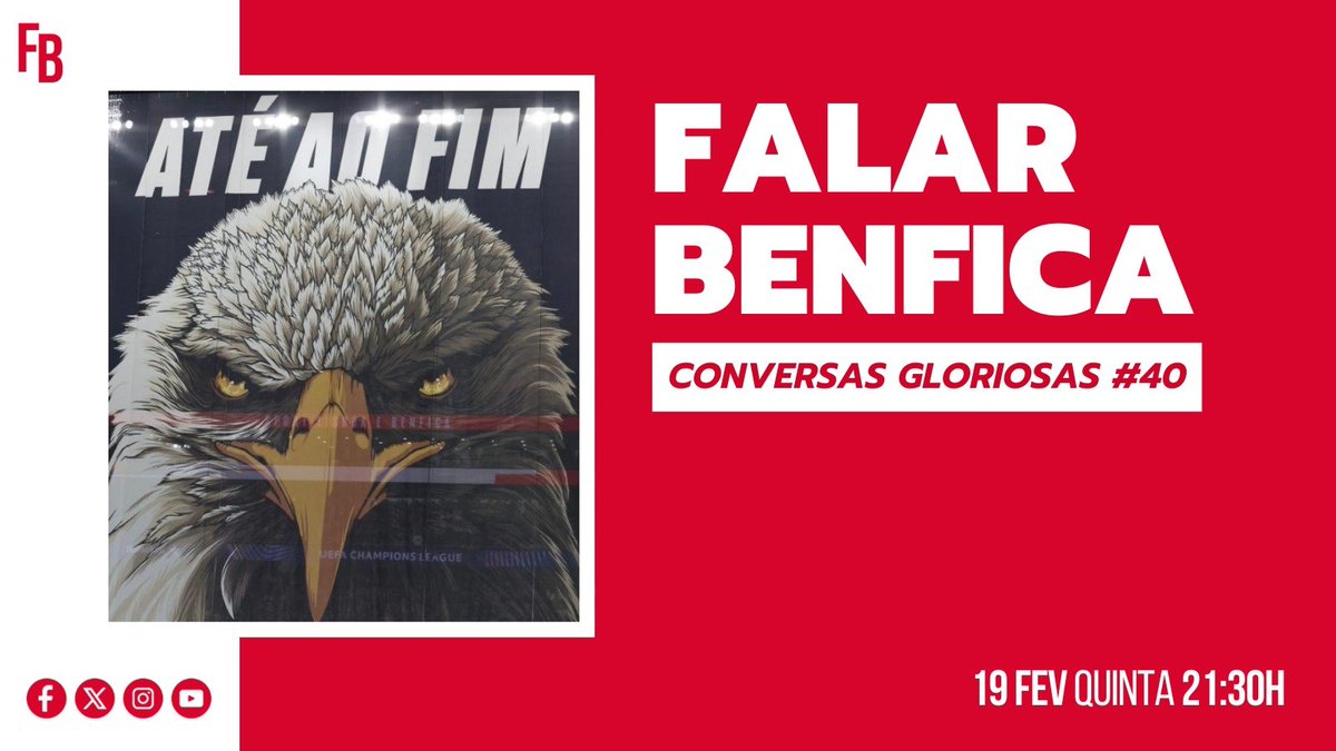 Hoje, 21:30  h, 40 º "Conversas Gloriosas", agenda:

Rescaldo do jogo contra o Real Madrid;

Antevisão jogo contra o AFS;

Futebol feminino.

Com <a href="/if92_jm/">Inês Ferreira</a>, <a href="/AnaCosta1904/">Ana Costa</a>.

Viva o Incomparável, Viva o Sport Lisboa e Benfica! 🔴⚪️