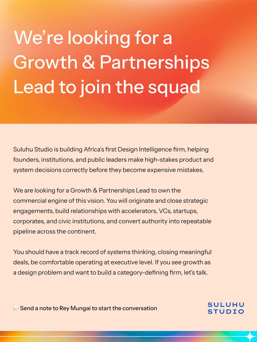 If you’re a systems thinker who can navigate the continent’s commercial landscape and lead high-stakes engagements across the board from startups, VCs and accelerators to corporates, NGOs, and civic institutions, I would love to hear from you.