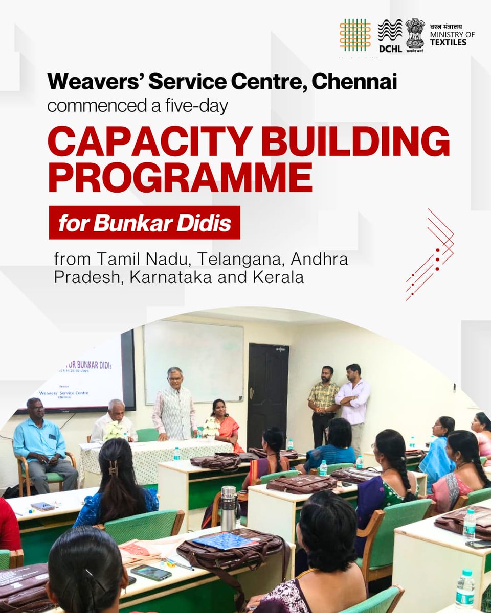 dchandlooms01's tweet photo. Weavers’ Service Centre, Chennai launched a five‑day Capacity Building Programme for Bunkar Didis of Tamil Nadu, Telangana, Andhra Pradesh, Karnataka, and Kerala.

#handlooms #bunkar #training #chennai #programme https://t.co/qMwlKdWTzu