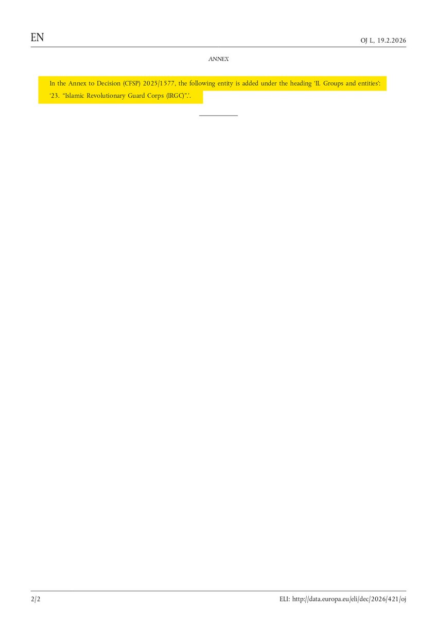 🚨 It's official. The EU has today formally added the Revolutionary Guards (IRGC) to its terrorist list.

As Iran's opposition leader <a href="/Maryam_Rajavi/">Maryam Rajavi</a> said yesterday, the <a href="/EUCouncil/">EU Council</a> must also designate the regime’s notorious Intelligence Ministry (MOIS) as a terrorist organisation.