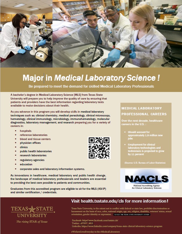 TXST_MLS's tweet photo. Saturday - Feb 21 is @txst #TXST #BobcatDay! Do you want to become a #MedicalLaboratory professional?
See @TXST_MLS in the @txsthealth College of #HealthProfessions.
See our flyer! 👇⬇️👇#WeSaveLivesEveryday #TXST
Learn more here: https://t.co/9VIP3OpdGx https://t.co/vz4YeyqThn