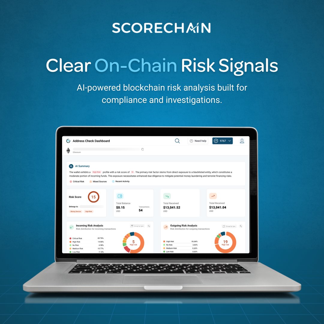 scorechain's tweet photo. Trusted by banks, fintechs, VASPs and digital asset firms, Scorechain helps compliance teams monitor crypto transactions, detect risk exposure, investigate wallets and meet AML obligations with transparent blockchain analytics built for regulated markets.