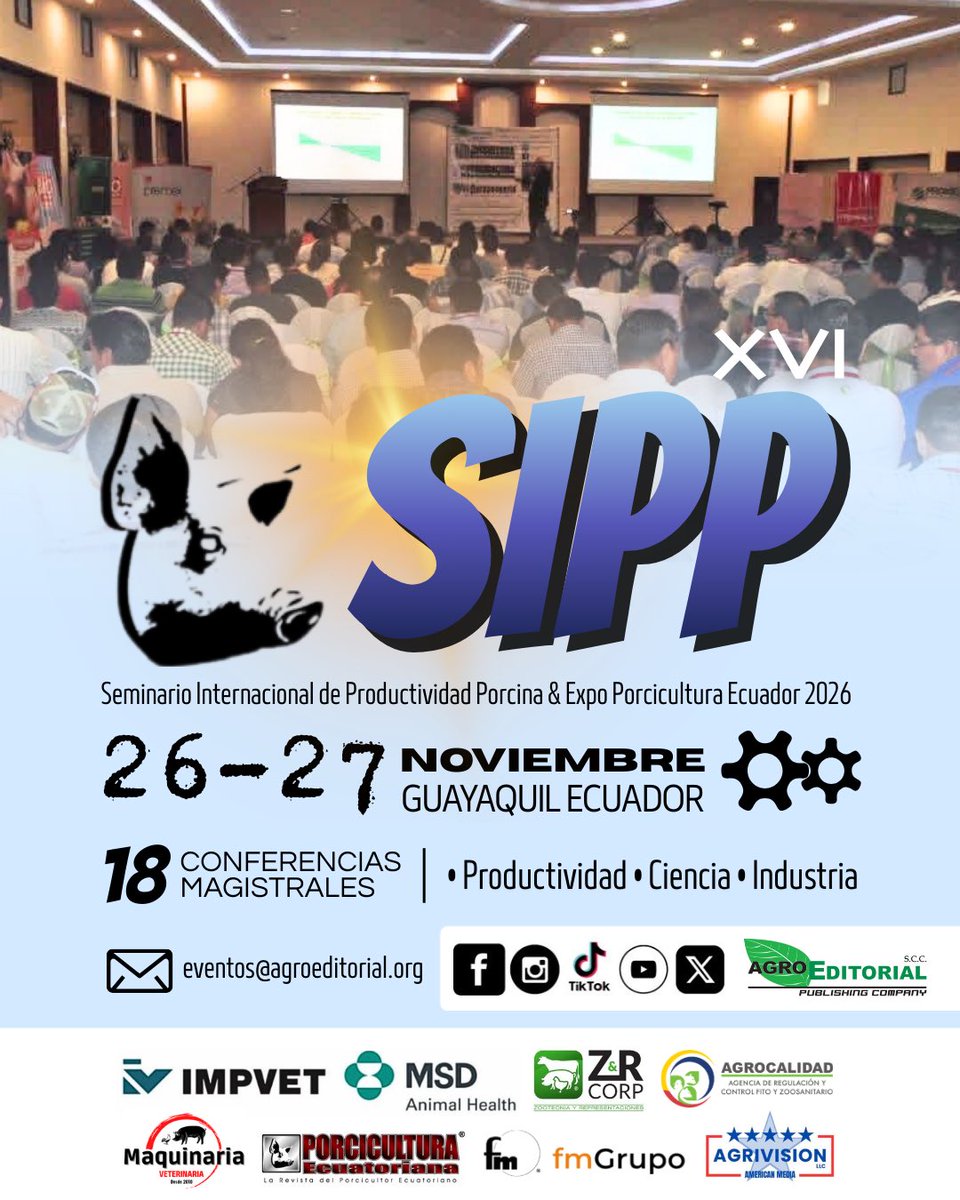 SIPP 2026: dos días que mejorarán la forma de producir en la industria porcina.

🌟 Reserva tu stand y sé parte del evento que impulsa la productividad.
🐷 SIPP 2026
📍 Guayaquil
📅 26 y 27 de noviembre de 2026
📧 eventos@agroeditorial.org

#SIPP2026 #Porcicultura #PorciculturaEC