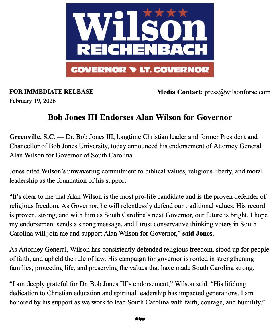 AGAlanWilson's tweet photo. BREAKING: I am deeply grateful for Dr. Bob Jones III’s endorsement. His lifelong dedication to Christian education and spiritual leadership has impacted generations. I am honored by his support as we work to lead South Carolina with faith, courage, and humility. https://t.co/qtvKT2RcFj