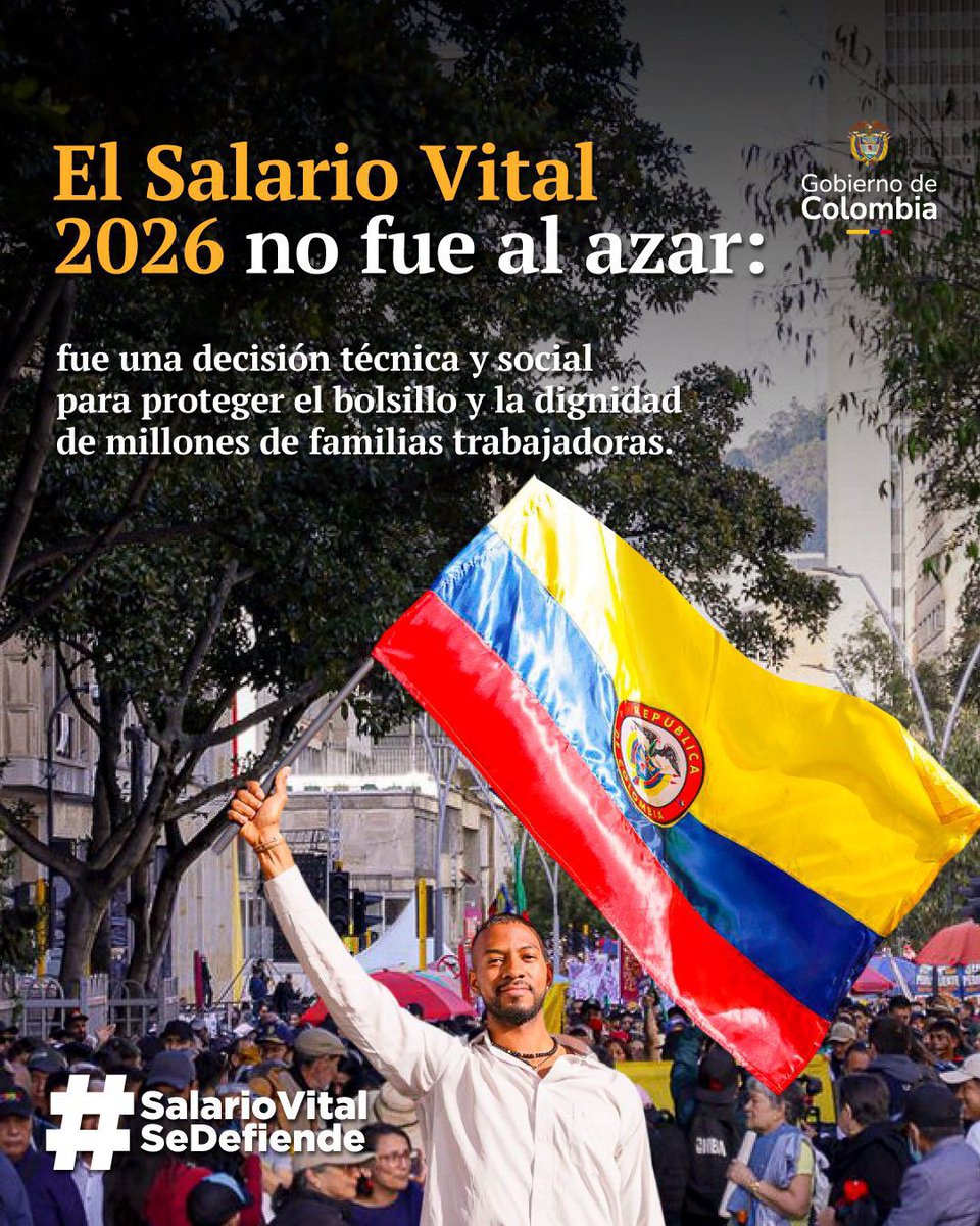 El Gobierno del Cambio tomó una decisión técnica y social: defender el Salario Vital 2026.

Se trata de dignidad, de proteger el ingreso de millones de trabajadores y de avanzar hacia una Colombia más justa.

¡Hoy salimos #ALasPlazasPorElSalarioVital!