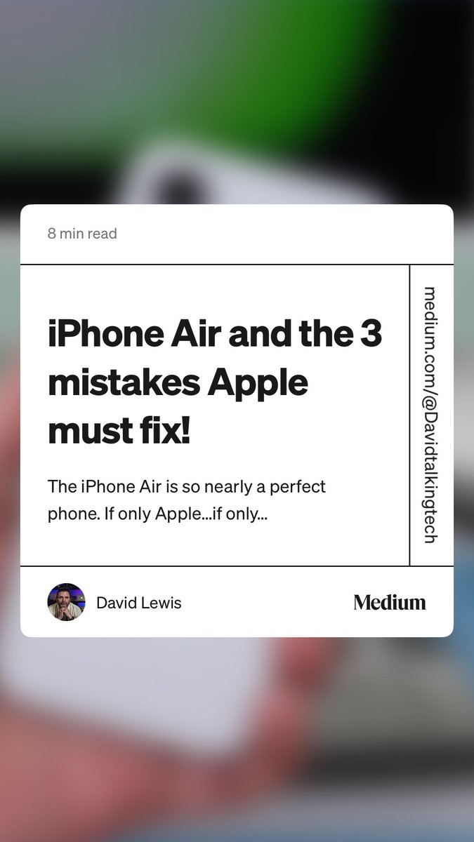 Dtalkingtech's tweet photo. “iPhone Air and the 3 mistakes Apple must fix!” by David Lewis https://t.co/dNE7WBdGab https://t.co/6V83e4HEtS
