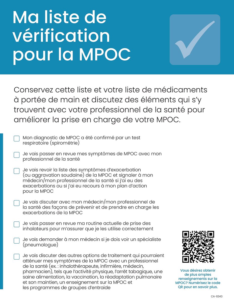 Ma liste de vérification de la MPOC est un outil que vous pouvez utiliser lorsque vous discutez avec votre fournisseur de soins de santé. Pour télécharger un exemplaire: copdcanada.info/my-copd-checkl…