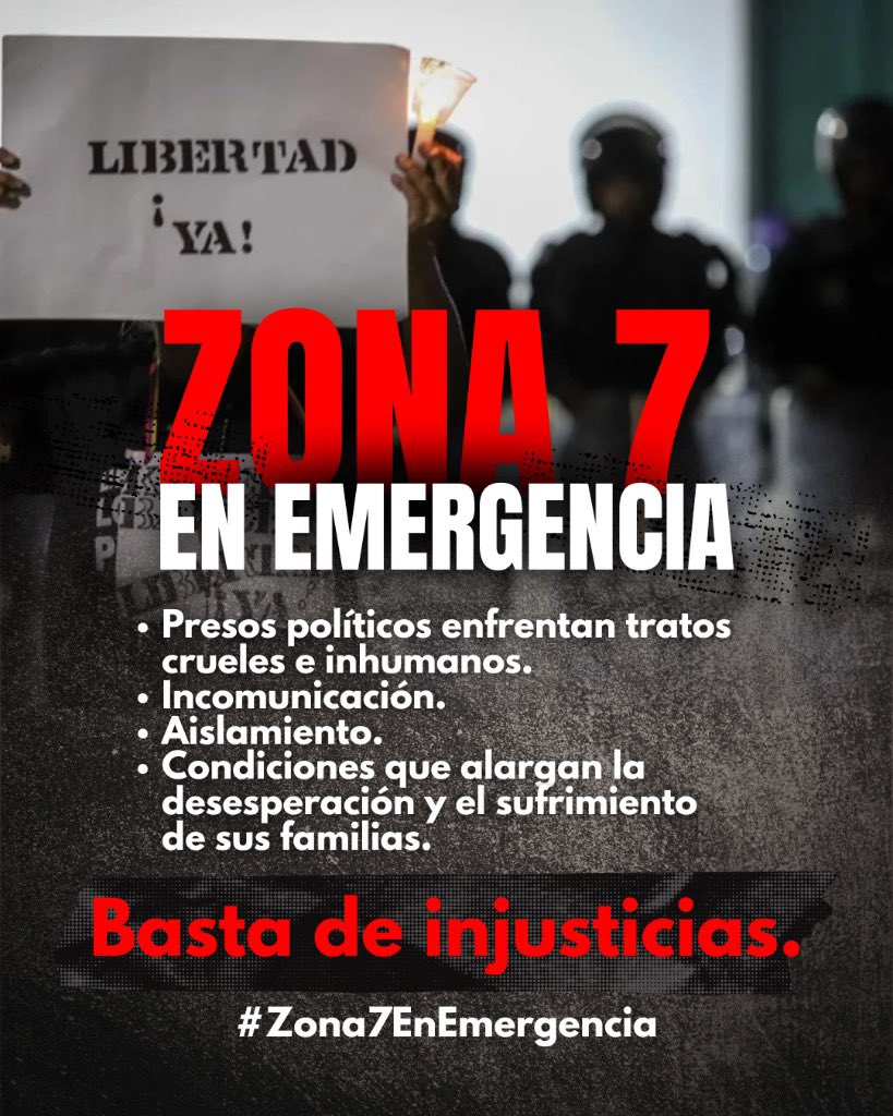 🚨 #Zona7EnEmergencia 

Mientras los días pasan, el régimen niega el acceso médico a los presos políticos que se mantienen en huelga de hambre. Sus vidas están en riesgo. Exigimos justicia y libertad.

¡Libertad inmediata para todos los presos políticos!