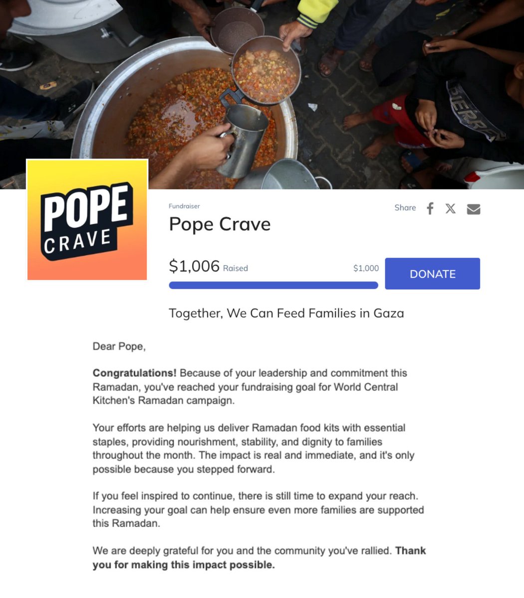 Ramadan Kareem! 🌙✨

Conclave Hive has joined Pope Crave in raising over $1,000 USD — enough to provide over 1,000 meals supporting suhoor and iftar this month for 16 families in Gaza this month. 🇵🇸

In solidarity. May peace be with you. 🙏