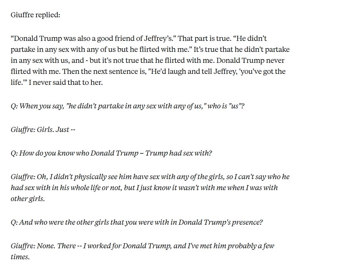 L08818's tweet image. Here is the sworn testimony of Virginia Guiffre re Prince Andrew and re Trump @POTUS 

What should Trump be held "accountable" for??