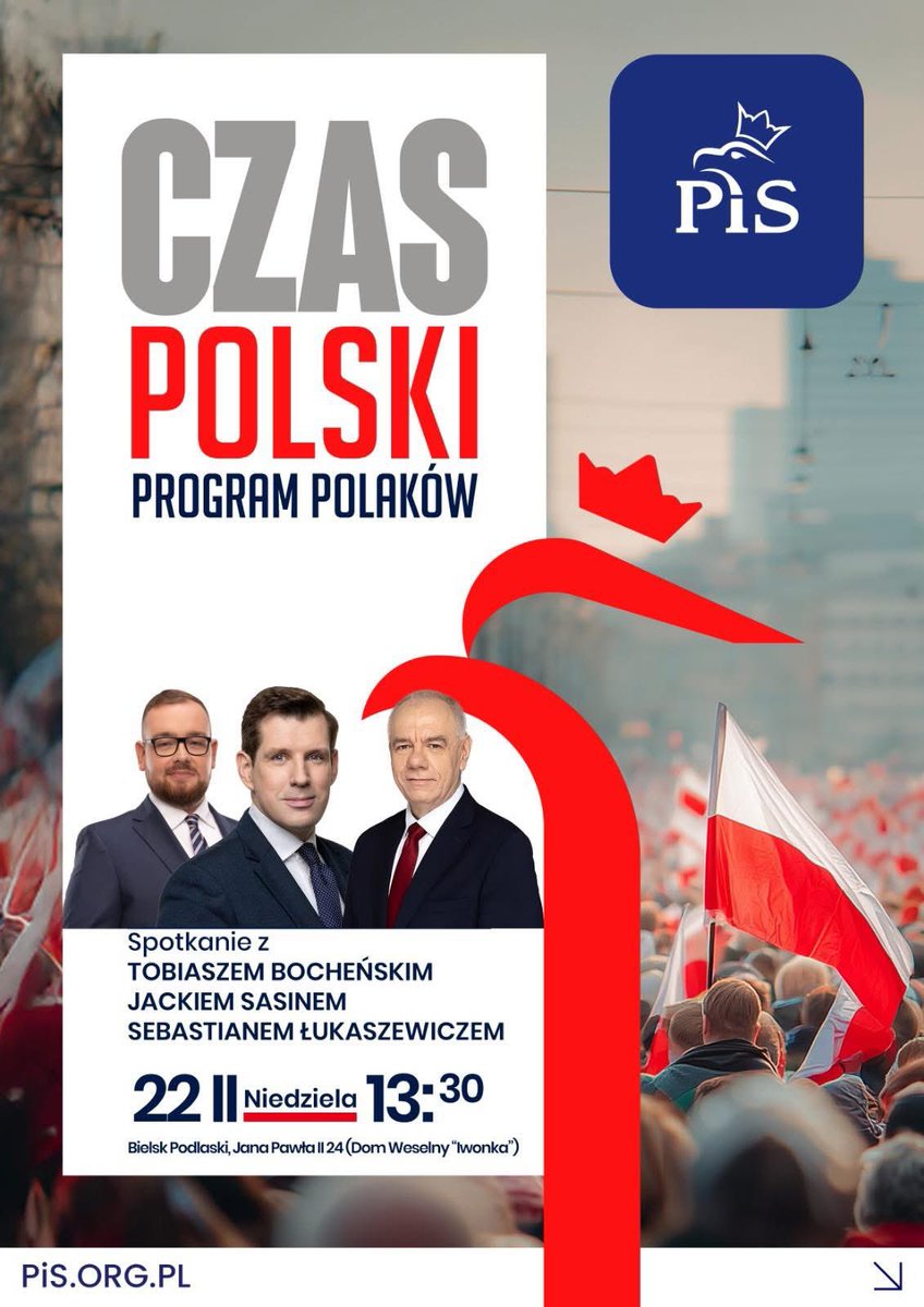 W najbliższą niedzielę zapraszamy Państwa na spotkanie w Bielsku Podlaskim #ProgramPolaków 🇵🇱 

Spotkanie odbędzie się w Domu Weselnym „Iwonka”📍o godzinie 13:30 🕔

Do zobaczenia na Podlasiu 👋