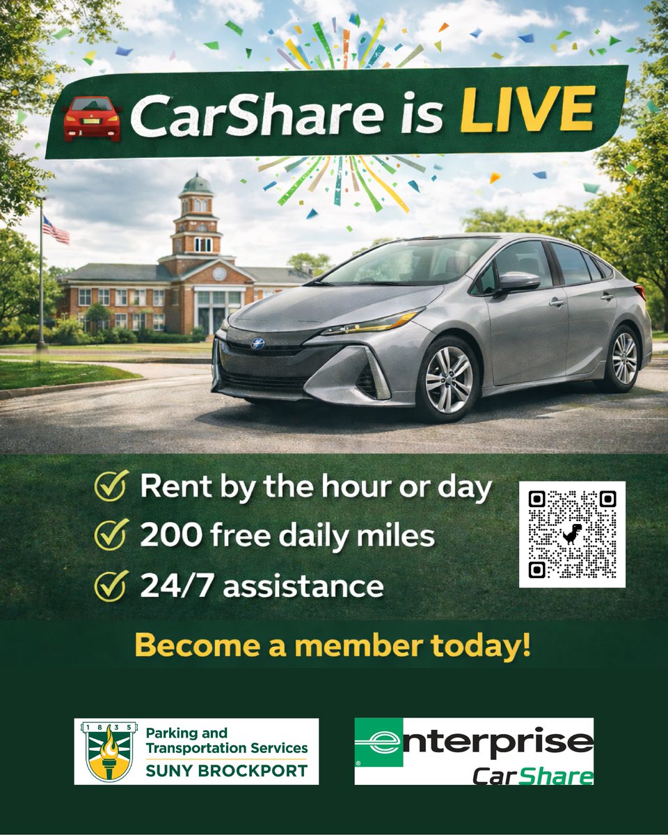 CarShare is officially LIVE at SUNY Brockport! 🚗🎉

Become a member today and start driving when you need it.

🔗 Sign up here: enterprisecarshare.com/us/en/programs…

#sunybrockport #carshare #enterprisecarshare #campustransportation #brockportlife #studentlife #transportationservices