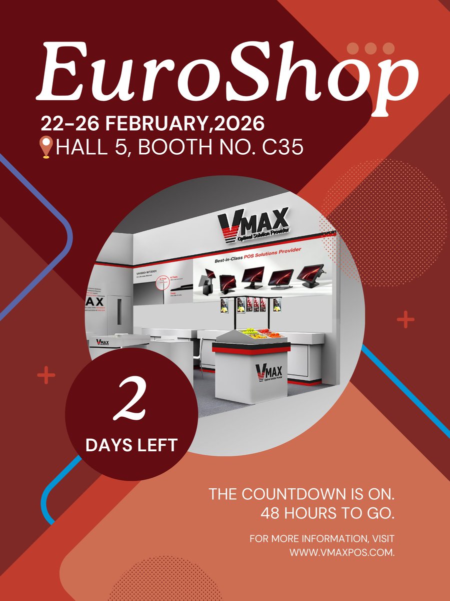 Vmax_POS's tweet photo. 🚀 2 days to EuroShop! Experience VMAX's independent R&amp;D. 🚀
The excitement builds! 😍Get ready to discover how our independent R&amp;D translates into reliable, tailor-made hardware and software for you.     
📍 Find your solution at our booth [HALL 5, C35],  #EuroShop2026. https://t.co/EgbaUr8d03