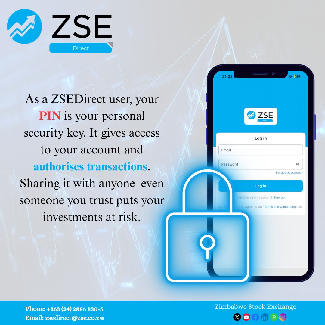 ZSE_ZW's tweet image. Stop sharing your pin . It is your secret. #secure. For any assistance, email zsedirect@zse.co.zw