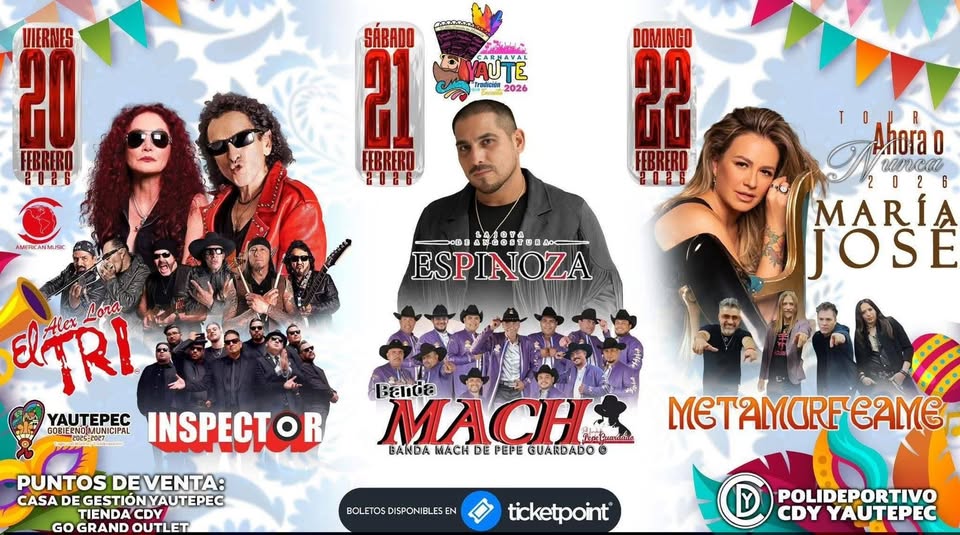 24_morelos's tweet image. ¿YA VIERON LA CARTELERA PARA EL CARNAVAL DE YAUTEPEC?

Del 20 al 22 de febrero podrás disfrutar de tus artistas favoritos, como el #TRI, #Inspector, @EspinozaOficial, María José y muchos más. 

Puntos de venta: casa de gestión #Yautepec, tienda CDY, Go Grand Outlet; y a través de